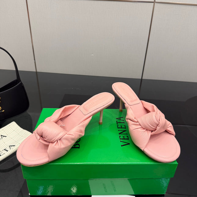 BOTTEGA VENETA 26S KNOT-STRAP HIGH-HEEL SANDALS IN PASTEL PINK LAMBSKIN