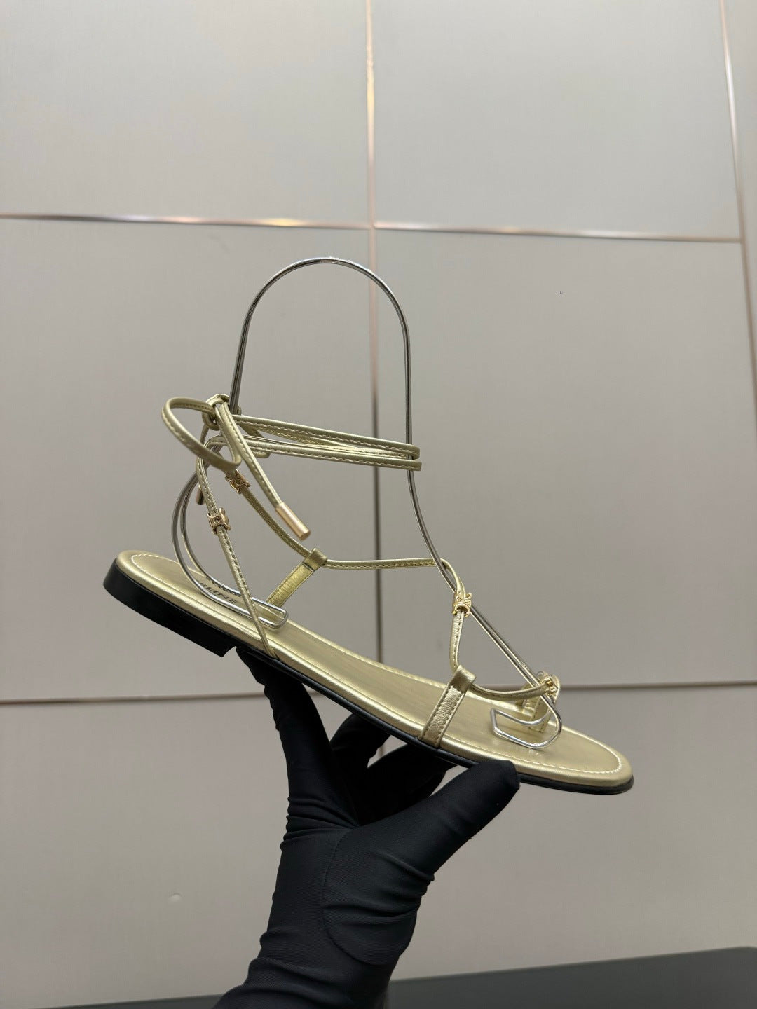CELINE 26S TRIOMPHE LACE UP FLAT SANDALS IN GOLD CALFSKIN