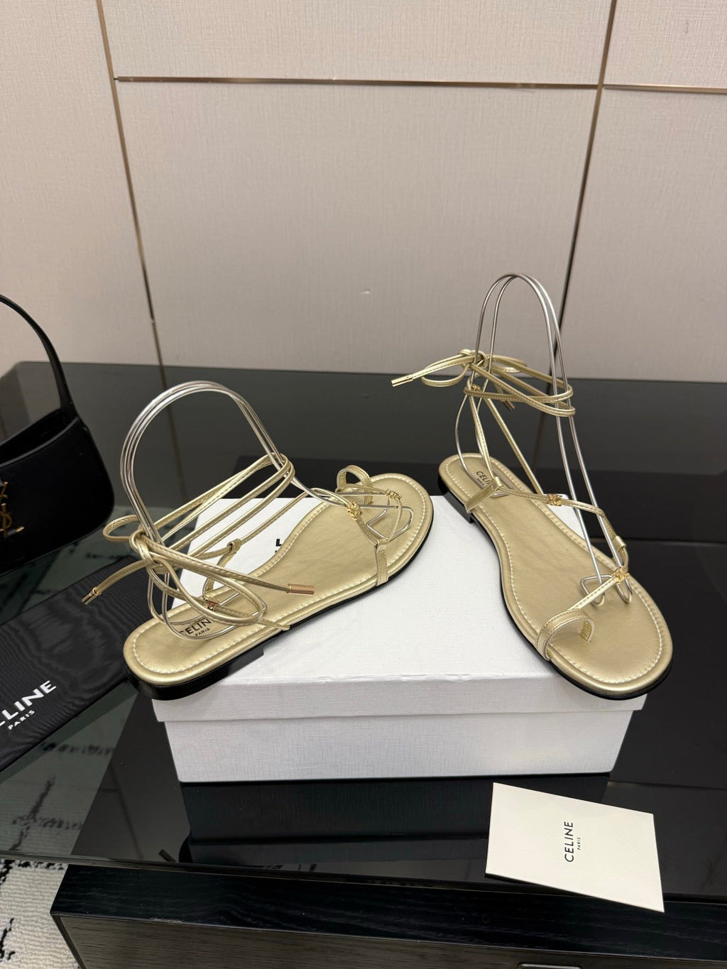 CELINE 26S TRIOMPHE LACE UP FLAT SANDALS IN GOLD CALFSKIN
