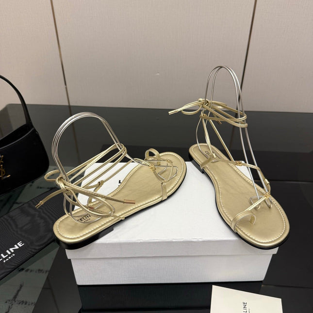 CELINE 26S TRIOMPHE LACE UP FLAT SANDALS IN GOLD CALFSKIN