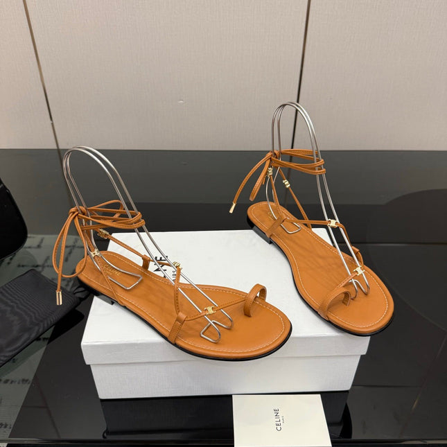 CELINE 26S TRIOMPHE LACE UP FLAT SANDALS IN TAN BROWN CALFSKIN