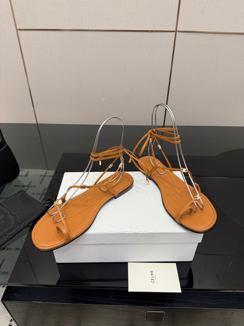 CELINE 26S TRIOMPHE LACE UP FLAT SANDALS IN TAN BROWN CALFSKIN