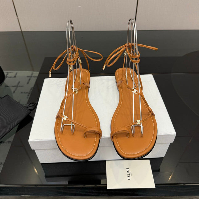 CELINE 26S TRIOMPHE LACE UP FLAT SANDALS IN TAN BROWN CALFSKIN