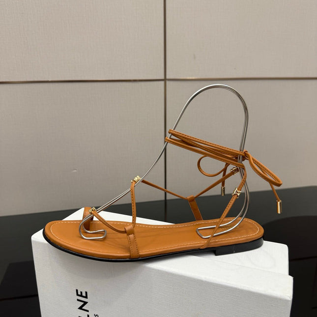 CELINE 26S TRIOMPHE LACE UP FLAT SANDALS IN TAN BROWN CALFSKIN