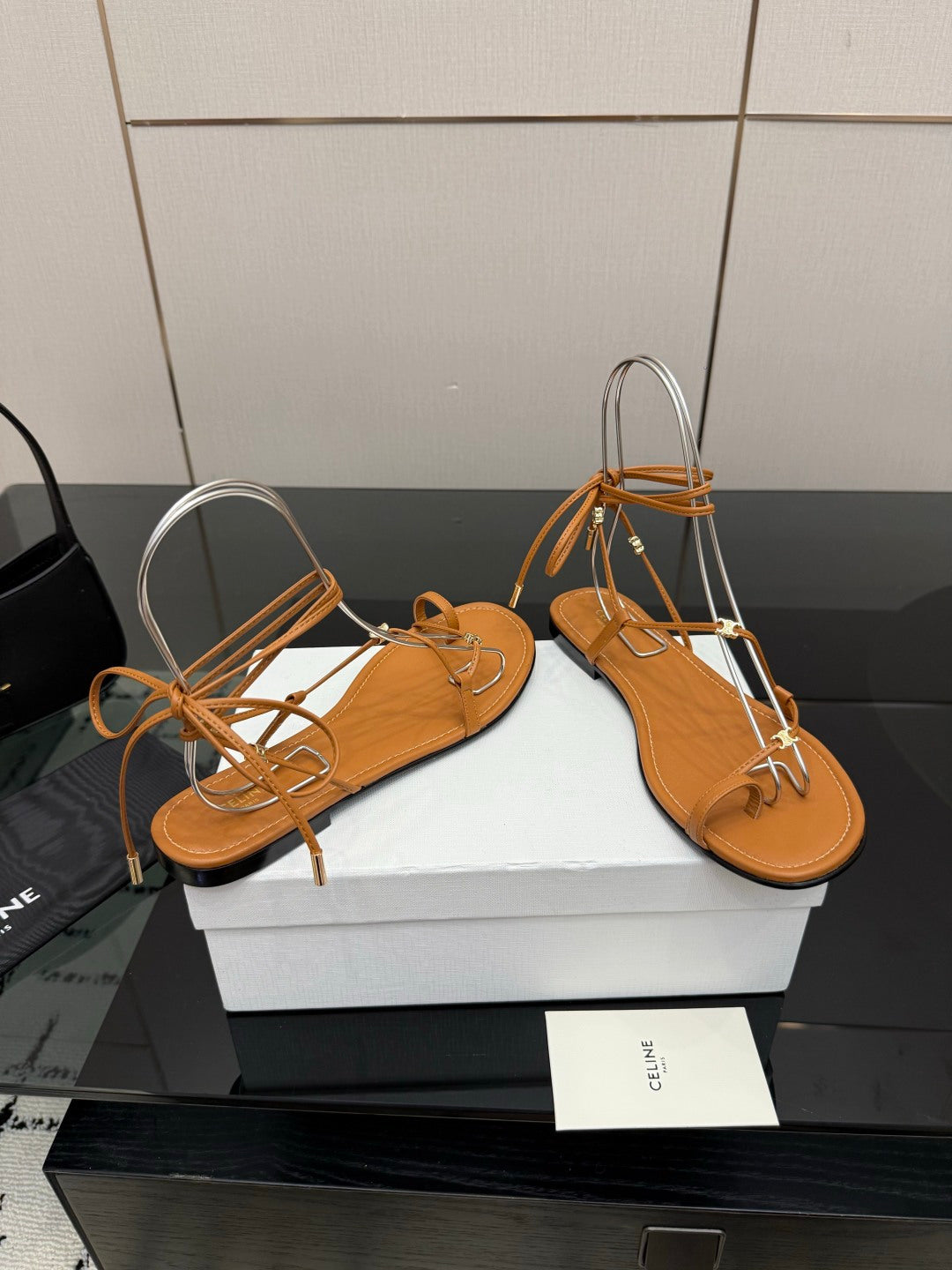 CELINE 26S TRIOMPHE LACE UP FLAT SANDALS IN TAN BROWN CALFSKIN