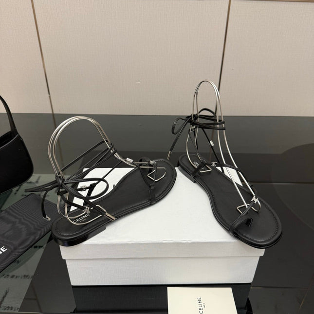 CELINE 26S TRIOMPHE LACE UP FLAT SANDALS IN BLACK CALFSKIN