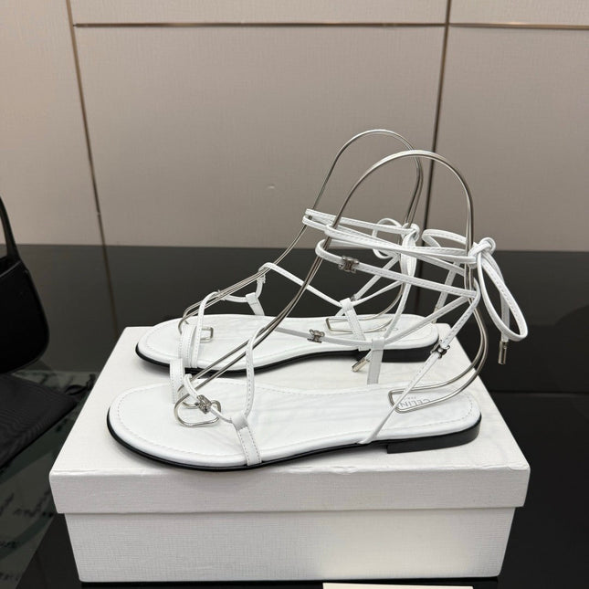 CELINE 26S TRIOMPHE LACE UP FLAT SANDALS IN WHITE CALFSKIN