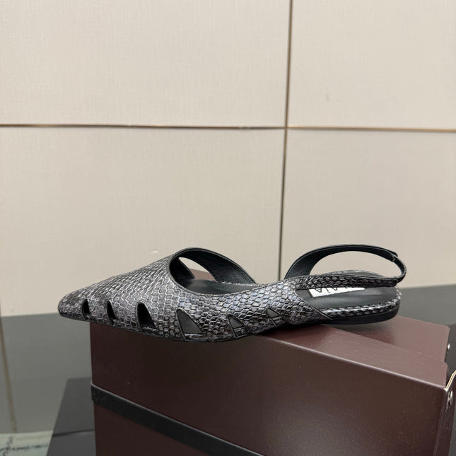 ALAIA 26S CUT-OUT SLINGBACK FLATS IN BLACK PYTHON-EMBOSSED LEATHER