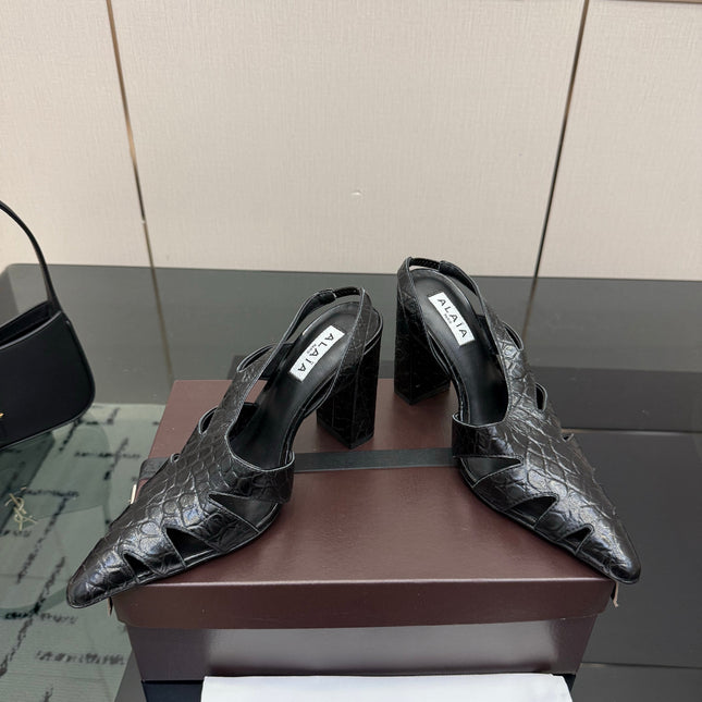 ALAIA 26S HEELED SLINGBACKS IN BLACK CROC-EMBOSSED LEATHER