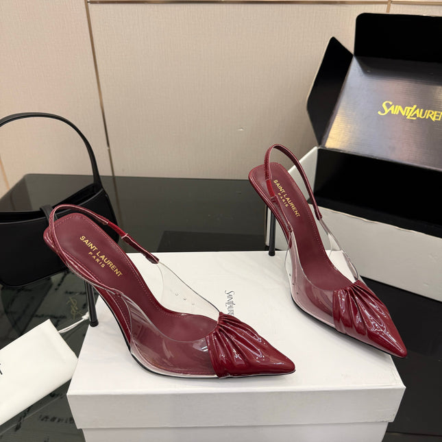 YSL 26S PLEATED SLINGBACK HEELS 105 MM IN DARK RED GLOSSY CALFSKIN AND PVC