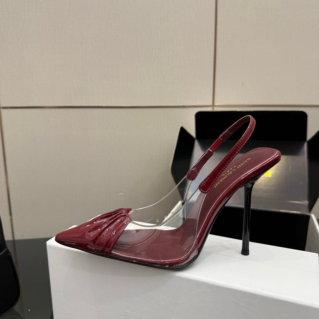 YSL 26S PLEATED SLINGBACK HEELS 105 MM IN DARK RED GLOSSY CALFSKIN AND PVC