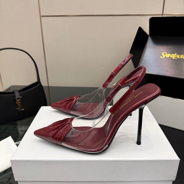 YSL 26S PLEATED SLINGBACK HEELS 105 MM IN DARK RED GLOSSY CALFSKIN AND PVC