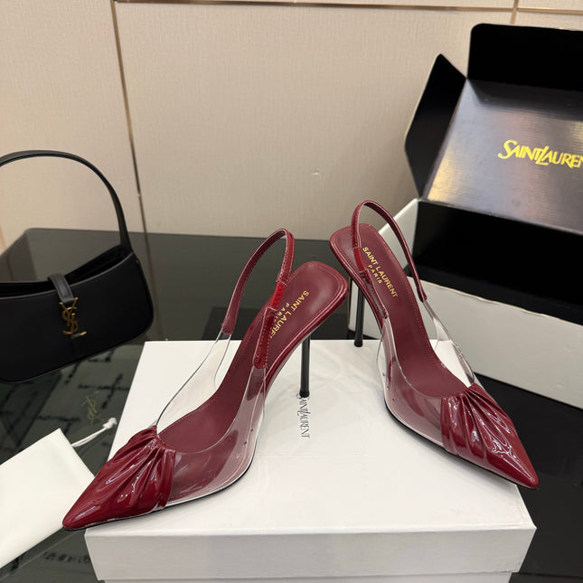 YSL 26S PLEATED SLINGBACK HEELS 105 MM IN DARK RED GLOSSY CALFSKIN AND PVC