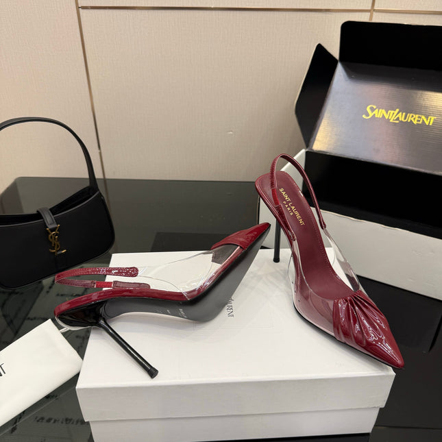 YSL 26S PLEATED SLINGBACK HEELS 105 MM IN DARK RED GLOSSY CALFSKIN AND PVC