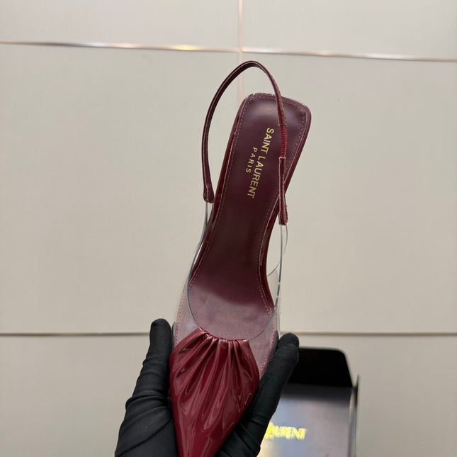 YSL 26S PLEATED SLINGBACK HEELS 105 MM IN DARK RED GLOSSY CALFSKIN AND PVC