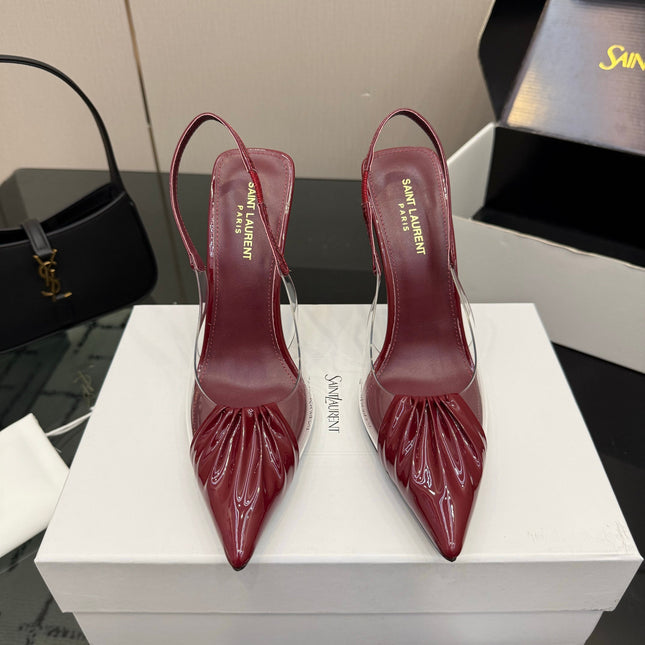 YSL 26S PLEATED SLINGBACK HEELS 105 MM IN DARK RED GLOSSY CALFSKIN AND PVC