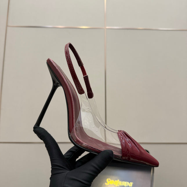 YSL 26S PLEATED SLINGBACK HEELS 105 MM IN DARK RED GLOSSY CALFSKIN AND PVC