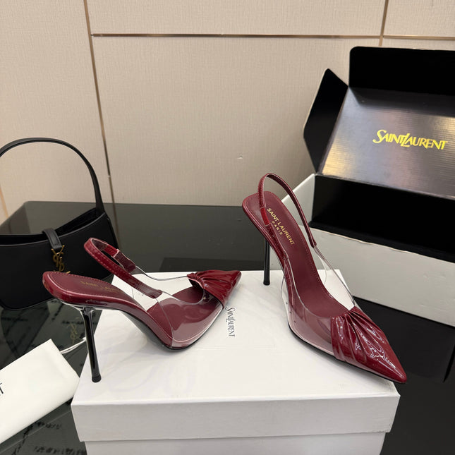 YSL 26S PLEATED SLINGBACK HEELS 105 MM IN DARK RED GLOSSY CALFSKIN AND PVC