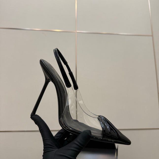 YSL 26S PLEATED SLINGBACK HEELS 105 MM IN BLACK GLOSSY CALFSKIN AND PVC