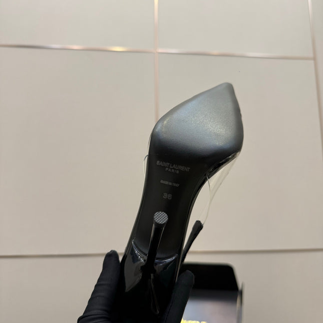 YSL 26S PLEATED SLINGBACK HEELS 105 MM IN BLACK GLOSSY CALFSKIN AND PVC