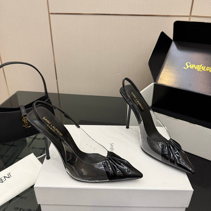 YSL 26S PLEATED SLINGBACK HEELS 105 MM IN BLACK GLOSSY CALFSKIN AND PVC