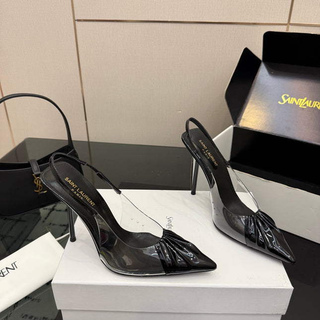 YSL 26S PLEATED SLINGBACK HEELS 105 MM IN BLACK GLOSSY CALFSKIN AND PVC