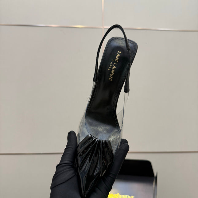 YSL 26S PLEATED SLINGBACK HEELS 105 MM IN BLACK GLOSSY CALFSKIN AND PVC