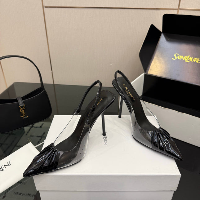 YSL 26S PLEATED SLINGBACK HEELS 105 MM IN BLACK GLOSSY CALFSKIN AND PVC