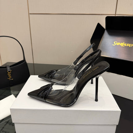 YSL 26S PLEATED SLINGBACK HEELS 105 MM IN BLACK GLOSSY CALFSKIN AND PVC
