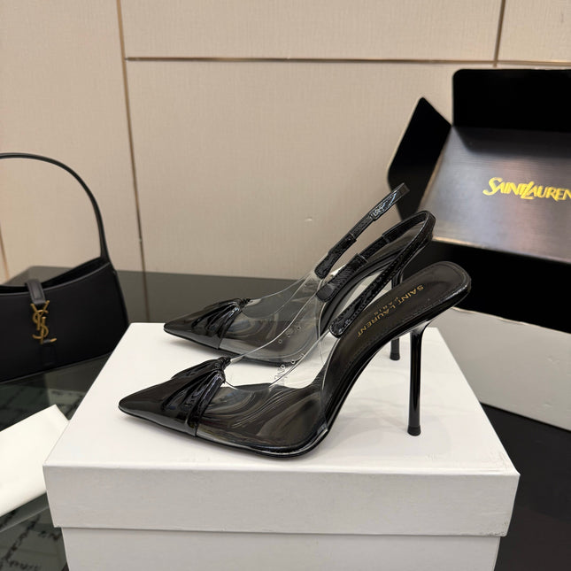 YSL 26S PLEATED SLINGBACK HEELS 105 MM IN BLACK GLOSSY CALFSKIN AND PVC