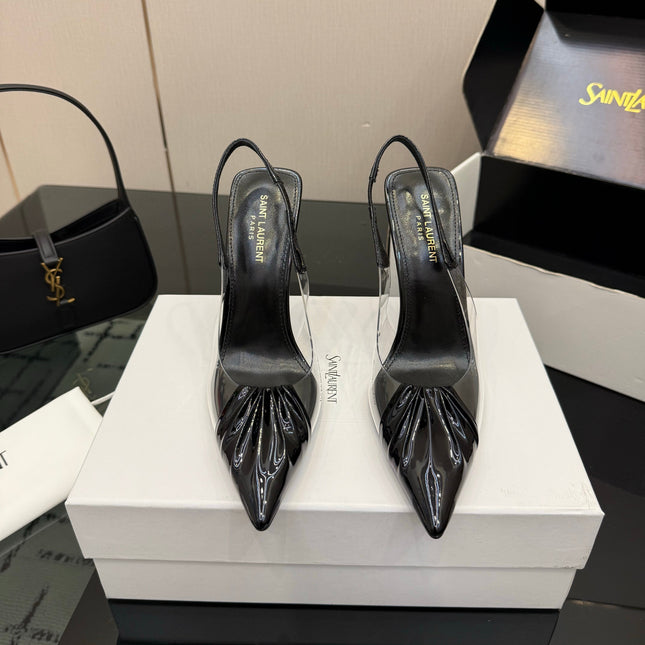 YSL 26S PLEATED SLINGBACK HEELS 105 MM IN BLACK GLOSSY CALFSKIN AND PVC