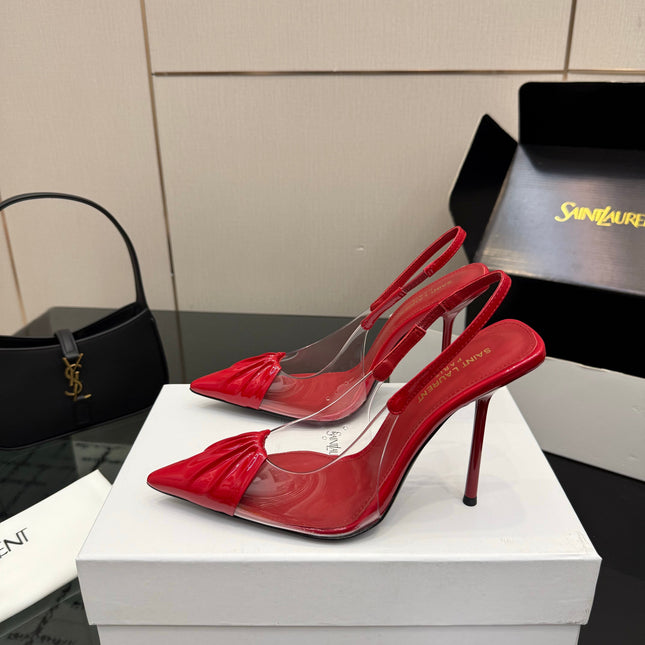 YSL 26S PLEATED SLINGBACK HEELS 105 MM IN RED GLOSSY CALFSKIN AND PVC