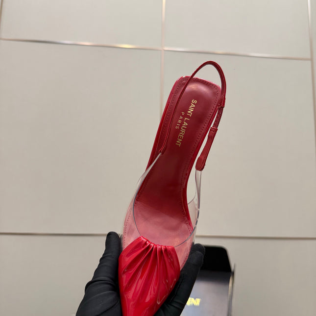 YSL 26S PLEATED SLINGBACK HEELS 105 MM IN RED GLOSSY CALFSKIN AND PVC