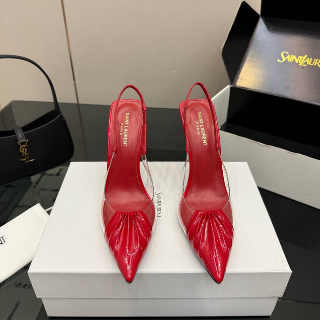 YSL 26S PLEATED SLINGBACK HEELS 105 MM IN RED GLOSSY CALFSKIN AND PVC