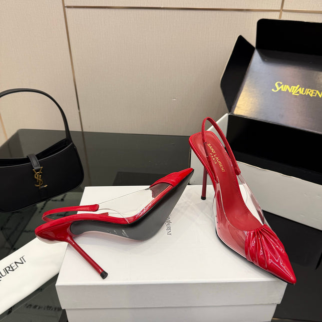 YSL 26S PLEATED SLINGBACK HEELS 105 MM IN RED GLOSSY CALFSKIN AND PVC