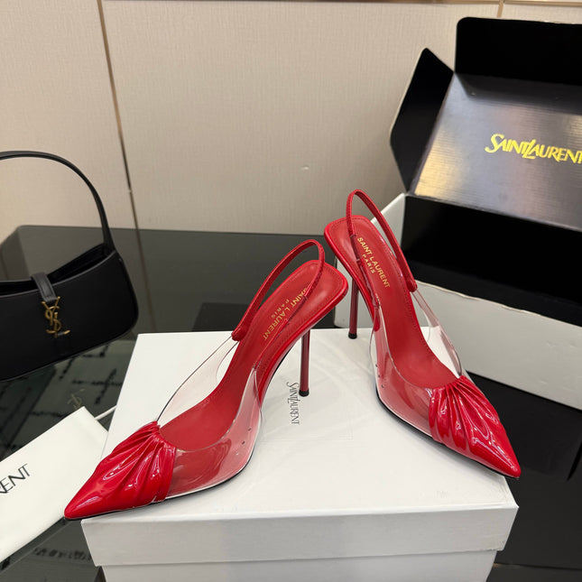 YSL 26S PLEATED SLINGBACK HEELS 105 MM IN RED GLOSSY CALFSKIN AND PVC