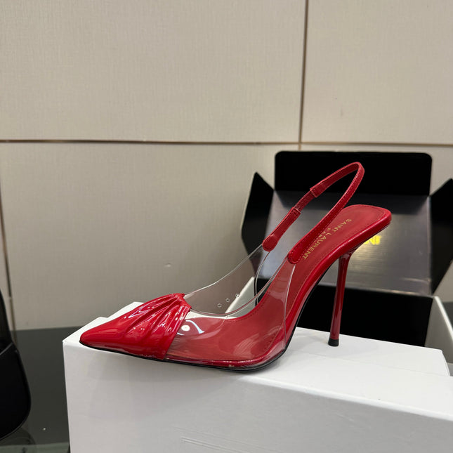 YSL 26S PLEATED SLINGBACK HEELS 105 MM IN RED GLOSSY CALFSKIN AND PVC