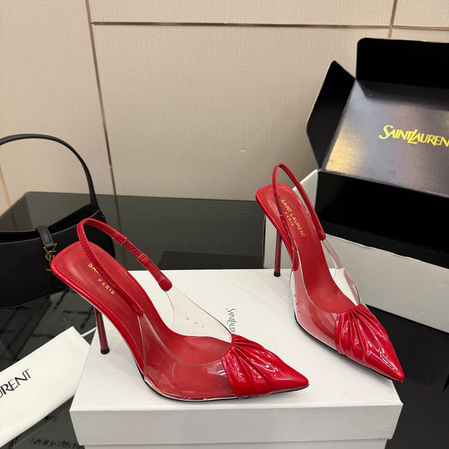 YSL 26S PLEATED SLINGBACK HEELS 105 MM IN RED GLOSSY CALFSKIN AND PVC
