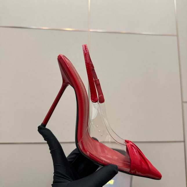 YSL 26S PLEATED SLINGBACK HEELS 105 MM IN RED GLOSSY CALFSKIN AND PVC