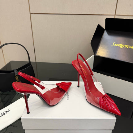 YSL 26S PLEATED SLINGBACK HEELS 105 MM IN RED GLOSSY CALFSKIN AND PVC