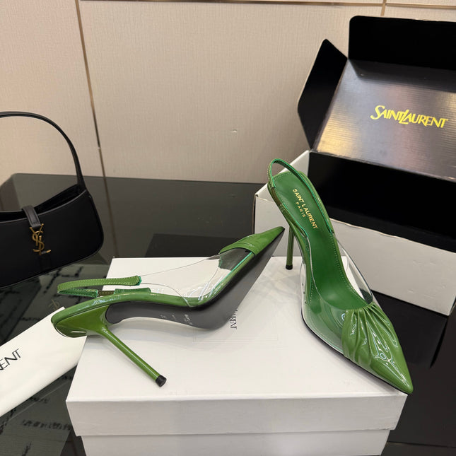 YSL 26S PLEATED SLINGBACK HEELS 105 MM IN GREEN GLOSSY CALFSKIN AND PVC