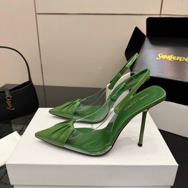 YSL 26S PLEATED SLINGBACK HEELS 105 MM IN GREEN GLOSSY CALFSKIN AND PVC