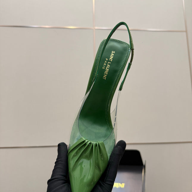 YSL 26S PLEATED SLINGBACK HEELS 105 MM IN GREEN GLOSSY CALFSKIN AND PVC