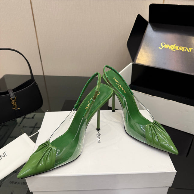 YSL 26S PLEATED SLINGBACK HEELS 105 MM IN GREEN GLOSSY CALFSKIN AND PVC