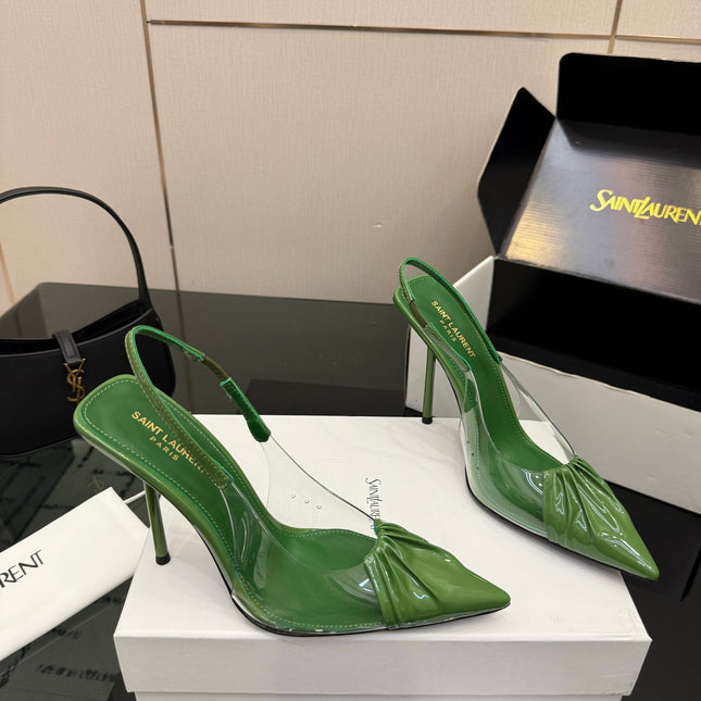 YSL 26S PLEATED SLINGBACK HEELS 105 MM IN GREEN GLOSSY CALFSKIN AND PVC