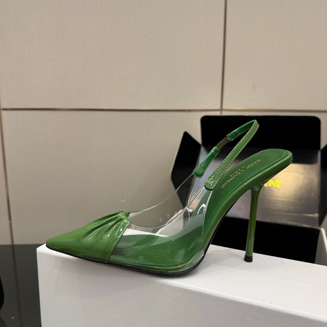 YSL 26S PLEATED SLINGBACK HEELS 105 MM IN GREEN GLOSSY CALFSKIN AND PVC