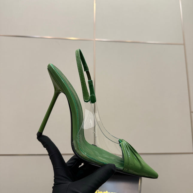 YSL 26S PLEATED SLINGBACK HEELS 105 MM IN GREEN GLOSSY CALFSKIN AND PVC