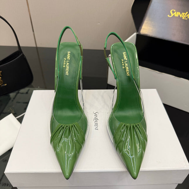 YSL 26S PLEATED SLINGBACK HEELS 105 MM IN GREEN GLOSSY CALFSKIN AND PVC