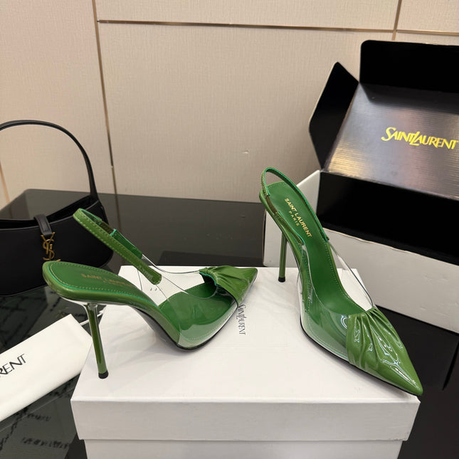 YSL 26S PLEATED SLINGBACK HEELS 105 MM IN GREEN GLOSSY CALFSKIN AND PVC