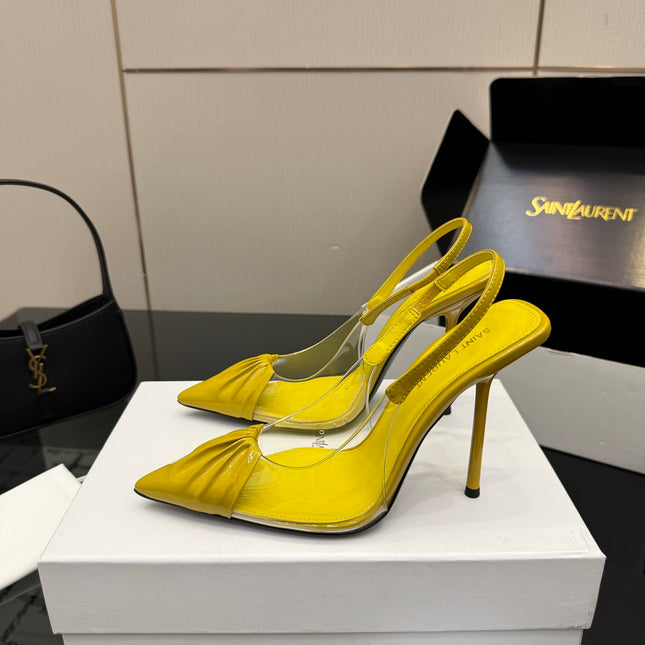 YSL 26S PLEATED SLINGBACK HEELS 105 MM IN YELLOW GLOSSY CALFSKIN AND PVC